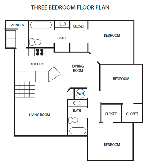 Floor plan for 3 beds, 2 baths, 1262 sqft